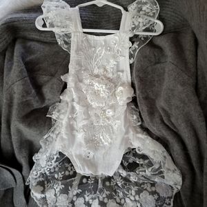 Fancy, Frilly White Sunsuit for Toddler, 12 months